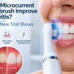 Woman using a microcurrent toothbrush with an illustration showing its potential effects on plaque and gingival inflammation.