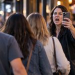 Angry woman recording a group with her smartphone during a public confrontation while a security guard stands nearby.