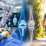 Surgeon performing robotic-assisted knee replacement beside knee implant imaging, with an older man walking outdoors after recovery.