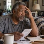 Older Black man sitting at a cluttered kitchen table with paperwork and a notebook, resting his hand on his forehead.