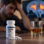 Baclofen prescription bottle and white tablets beside a glass of whiskey, with a man and a brain scan in the background.