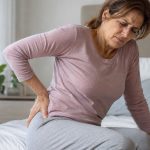 Middle-aged woman sitting on a bed, grimacing in pain while holding her lower back and hip.