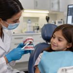 Dentist teaching a young girl proper toothbrushing techniques during a dental visit, illustrating childhood cavity prevention and oral health.
