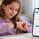 Young girl wearing a black wristband while looking at a smartphone displaying temperature, heart rate, sleep, and activity measurements.