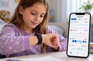Young girl wearing a black wristband while looking at a smartphone displaying temperature, heart rate, sleep, and activity measurements.
