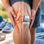 Medical illustration comparing intensive weight loss and knee replacement surgery for severe knee osteoarthritis, showing a damaged knee joint and an artificial knee implant.