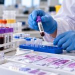 Laboratory technician holding a blood sample tube beside racks of biological specimens, stained pathology slides, and a microscope.