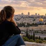 Woman sitting thoughtfully on a stone overlook above Jerusalem at sunset