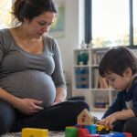 Pregnant woman sitting with a young child playing with toy blocks and a car in a home setting.