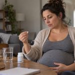 Pregnant woman holding a medication tablet while sitting at a kitchen table with a glass of water.