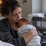 Tired postpartum mother holding her sleeping newborn in a softly lit room.