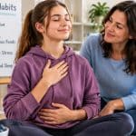 Teenage girl practicing calming breathing exercises while her mother offers support, with a healthy habits poster in the background.