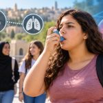 Teenage girl using an asthma inhaler outdoors, with illustrations of lungs and obesity representing the association between body weight and asthma.