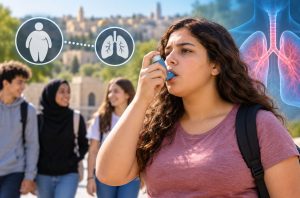 Teenage girl using an asthma inhaler outdoors, with illustrations of lungs and obesity representing the association between body weight and asthma.